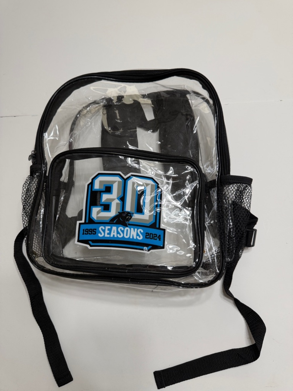 Clear Black Trim Backpack with Blue Panthers 30 Seasons Logo